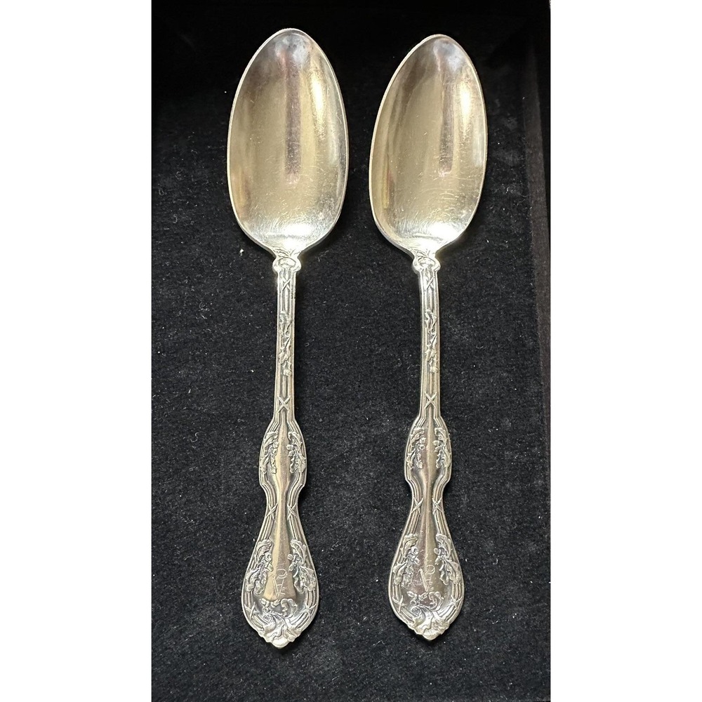 1906 EHH Smith Silver Plate Royal Oak 2 Serving Spoons 8 1/8"